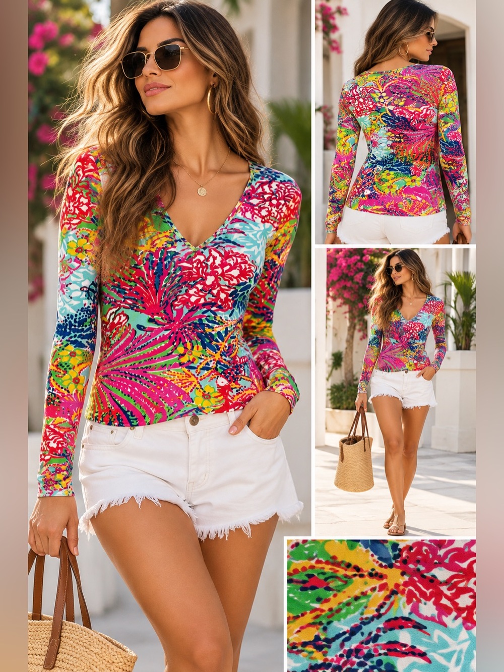 Lilly Pulitzer Tropical Floral V-Neck Long Sleeve Top Pink Green Small